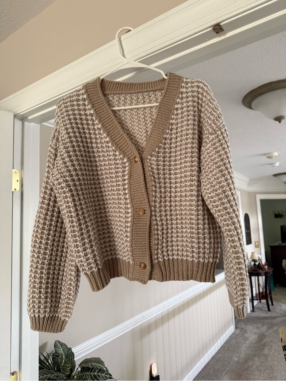 SHEIN Two-Tone Taupe and Cream Knit Button Cardigan